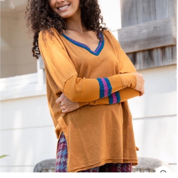 Natural Life mustard oversized boho comfy cotton crochet hippie long sleeve top - Picture 9 of 15